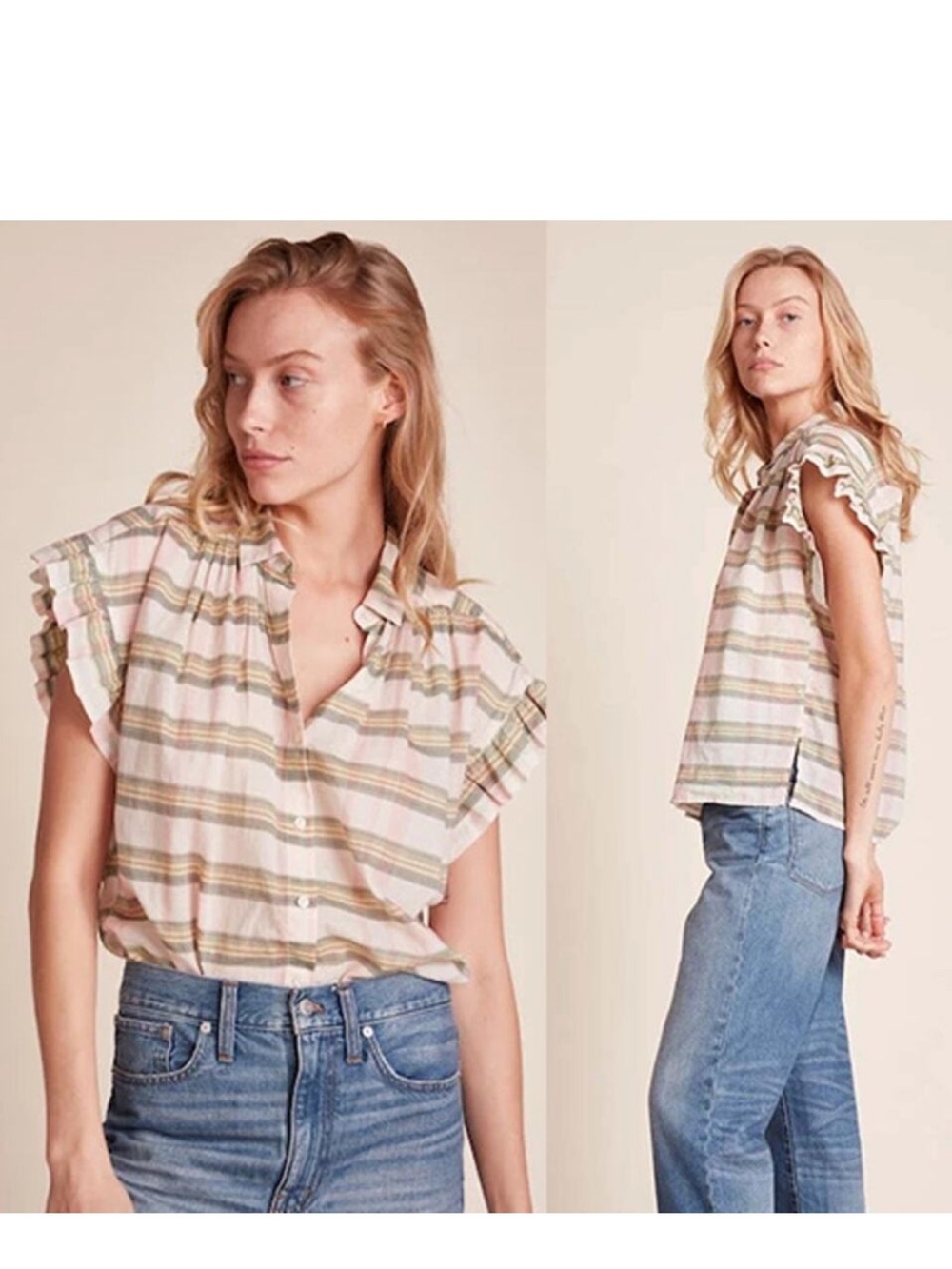 Birds of Paradis Marianne B
Ruffle Sleeve Top in Pomela Plaid
Green & Pink